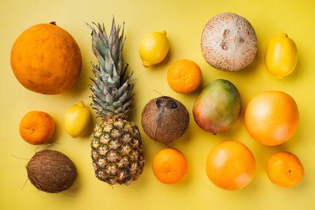 Fresh tropical fruit set, on yellow textured summer background, top view flat layの写真素材