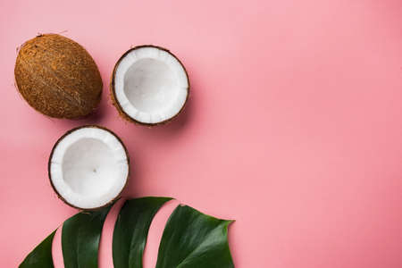 Coco pieces set, on pink textured summer background, top view flat lay, with copy space for textの写真素材