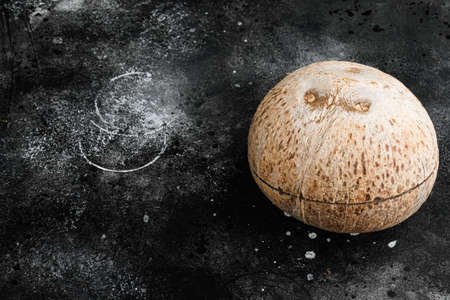 Coconut whole set, on black dark stone table background, with copy space for textの写真素材