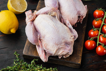 Raw coquelet chickens meat with ingredients, on old wooden table