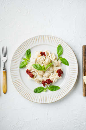 Appetizing ravioli with tomato sauce, cheese and basil set with basil parmesan and tomatoe on white plate, on white background, top view flat lay, with copyspace and space for textの写真素材