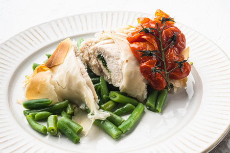 Chicken kiev filo set, with baked cherry tomatoes And green beans, on white stone backgroundの写真素材