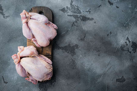 Raw organic uncooked whole chicken meat, on gray background, top view with copy space for textの写真素材