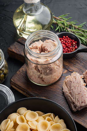 Tuna pasta cooking ingredient, on black backgroundの写真素材