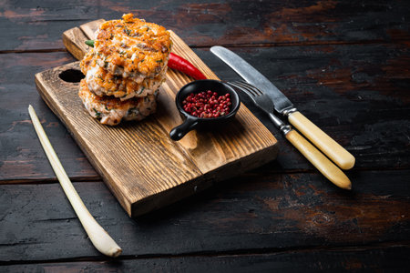Cooked fish patties, with salmon and lemongrass, on old wooden tableの写真素材