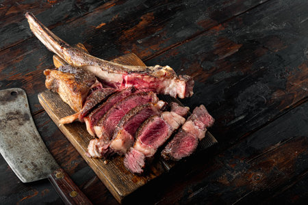 Traditional barbecue dry aged wagyu tomahawk steak sliced set, on wooden serving board, on old dark...