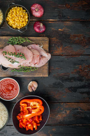 Mexican food. Cuisine of South America. Traditional ingredient, on old dark wooden table background, top view flat lay with copy space for textの写真素材