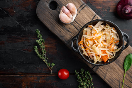 Sauerkraut preserving set, on old dark wooden table background, top view flat layの写真素材