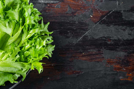 Green frillies iceberg lettuce leaves, on old dark wooden table background, top view flat lay with copy space for textの写真素材