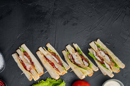 Classic club sandwich with meat, on black background, top view with copy space for textの写真素材