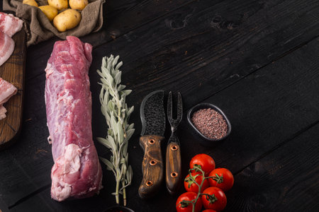 Whole boneless pork fillet loin with ingredients and herbs for grill set, on black wooden table background, with copyspace and space for textの写真素材