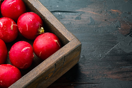 Summer harvested red radish. Growing organic vegetables set, in wooden box, on old dark wooden table background, with copyspace and space for textの写真素材