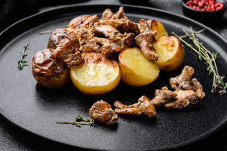 Potatoes with chanterelles set, on black dark stone table backgroundの写真素材