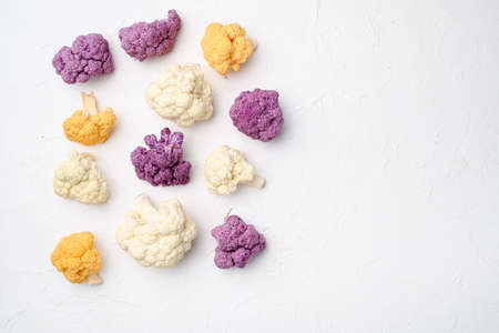 Ripe cauliflower set, on white stone table background, top view flat lay, with copy space for textの写真素材
