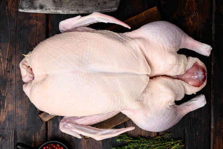 Fresh raw whole duck ready for cooking set, on old dark wooden table background, top view flat layの写真素材