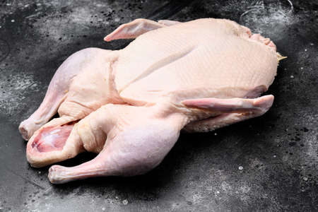 Raw whole goose, poultry meat set, on black dark stone table backgroundの写真素材