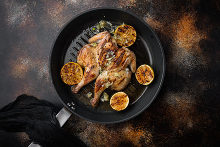 Roasted whole poussins, on old rustic background, top viewの写真素材