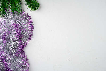 Christmas decoration collection set, top view flat lay, on white stone table background, with copy space for textの写真素材