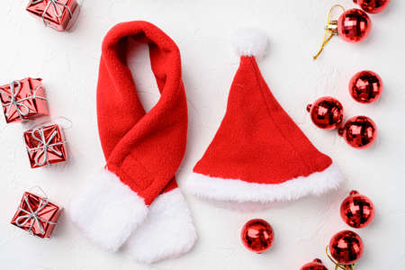 Christmas composition for gift postcard set, top view flat lay on white stone table backgroundの写真素材