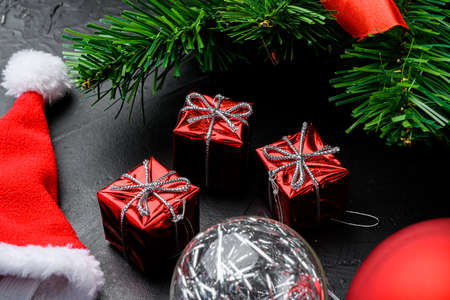 Vintage Christmas decorations set, on black dark stone table backgroundの写真素材