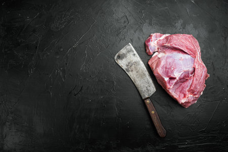 Raw pork cutlet steak. Piece of raw meat ready for preparation set, with old butcher cleaver knife,...