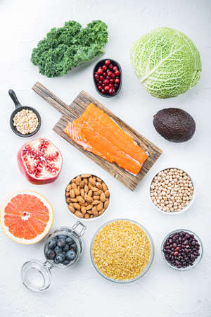 Healthy products with immunity boosters, flat lay, on white background.の写真素材