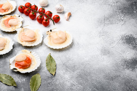 Fresh french scallops seafood market set, on gray stone table background, with copy space for text
