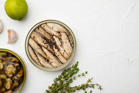 Tin can of sprats, sardines set, on white stone table background, top view flat lay, with copy space for textの写真素材