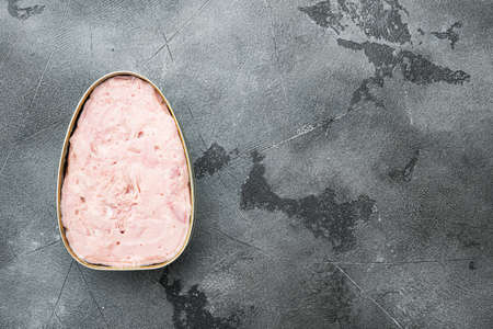 Luncheon Meat set, on gray stone table background, top view flat lay, with copy space for textの写真素材