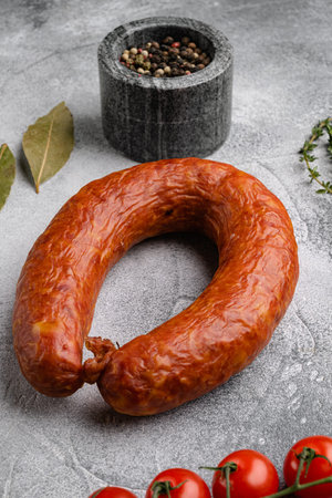 Spanish smoked sausage set, on gray stone table backgroundの写真素材