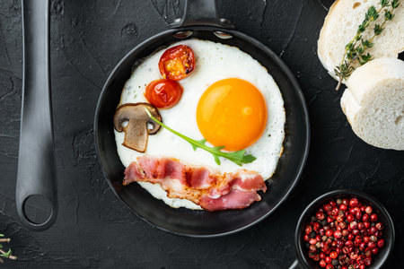 Fried eggs with cherry tomatoes and bread for breakfast in cast iron frying pan, on black...