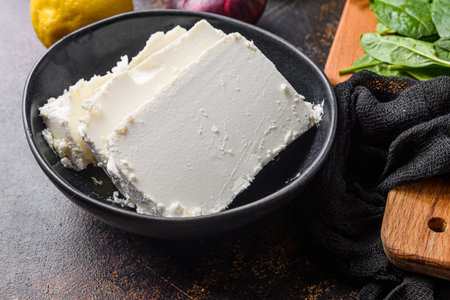 Traditional feta cheese in black bowl side view