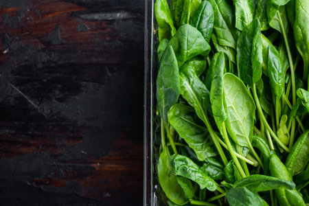 Fresh spinach leaves set, on old dark wooden table background, in plastic pack, top view flat lay ,...