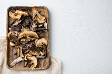 Dried mushrooms set, on white background, top view flat lay , with space for text copyspaceの写真素材