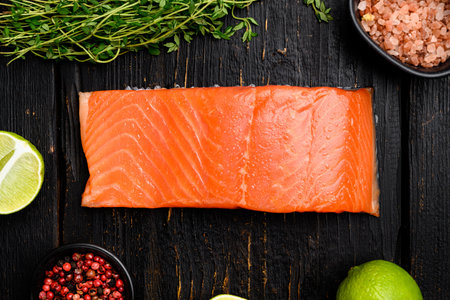 Salmon fillet fish set, with herbs, on black wooden table background, top view flat lay