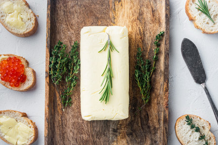 A piece of fresh butter, on white background, top view flat lay