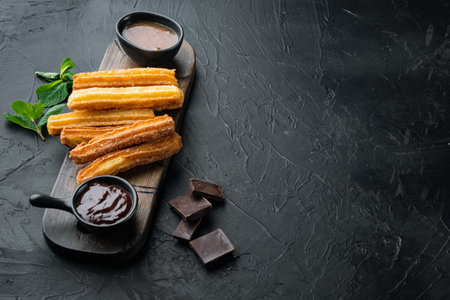 Churros with caramel, Traditional Spanish cusine, on black background with space for text, copyspaceの写真素材