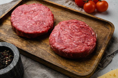 Fresh raw minced homemade farmers grill beef burgers, on gray stone table backgroundの写真素材