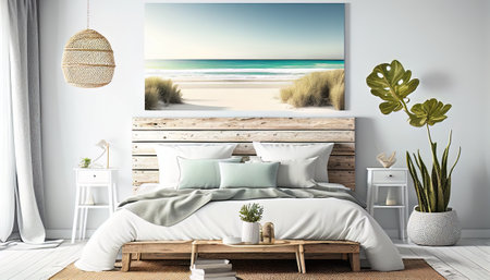 3d rendering of a modern bedroom with sea view on the wallの素材