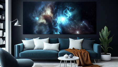 interior with blue sofa, coffee table and bookshelf 3D renderingの素材