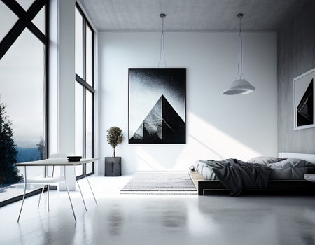 Interior of modern bedroom with white walls, concrete floor, comfortable king size bed with white bedside table and black poster on the wall. 3d renderingの素材