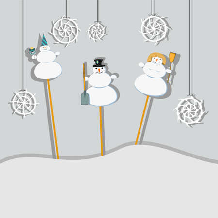 snowmen like puppets on a stick and snowflakes on a stringのイラスト素材