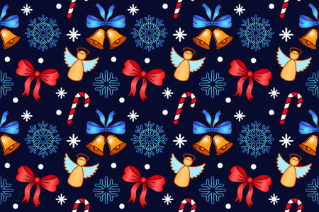 Christmas seamless pattern. Repeating textile pattern. Design with candy, snow flakes, angels and bells on blue background. For New year textile, cover, wrapping paper, banner design.のイラスト素材