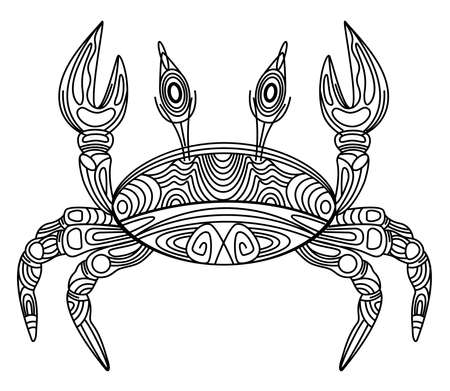 Crab vector illustration, stylized, black outline trim, ornate, decorative crab line art with black thin line, isolated on white backgroundのイラスト素材
