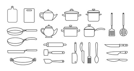 Kitchen utensils,black outline set, collection of kitchen utensils, knifes, teapots, cutting boards isolated on white backgroundのイラスト素材