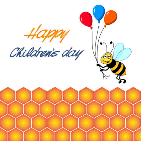Happy children's day, vector illustration, cartoon cute bee flying on honeycomb with three balloons, yellow, orange and blue balloons,のイラスト素材