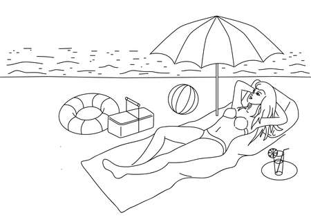 Girl vector outline on a beach, coloring beach resort linear girl lying under sun near to sea, summer picnic, umbrella and ball on a sand,のイラスト素材