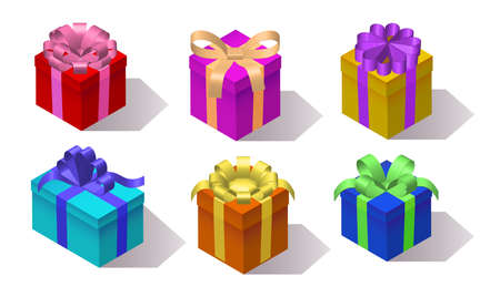 vector, set of gift boxes, isometric, 3d rendering, in different colors, collection of present box, isolated on white backgroundのイラスト素材