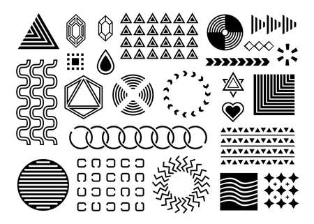 memphis, vector set of abstract design elements, black geometric elements as waves, diamonds, drop, heart, triangles, circles, squares. isolated on white, background, for your design projectsのイラスト素材