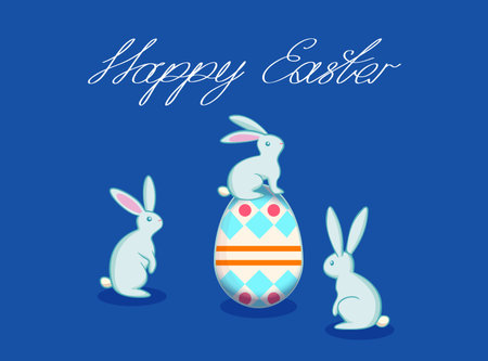 vector easter card with bunny and eggs, bunny sitting on easter egg, funny illustration, rabbits on...